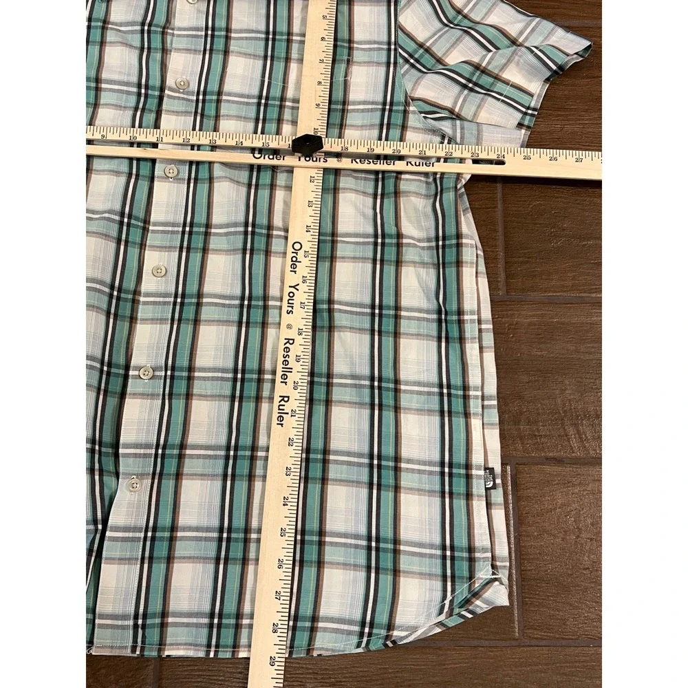 The North Face Mens XL Short Sleeve Plaid Button Down Shirt Teal White Brown